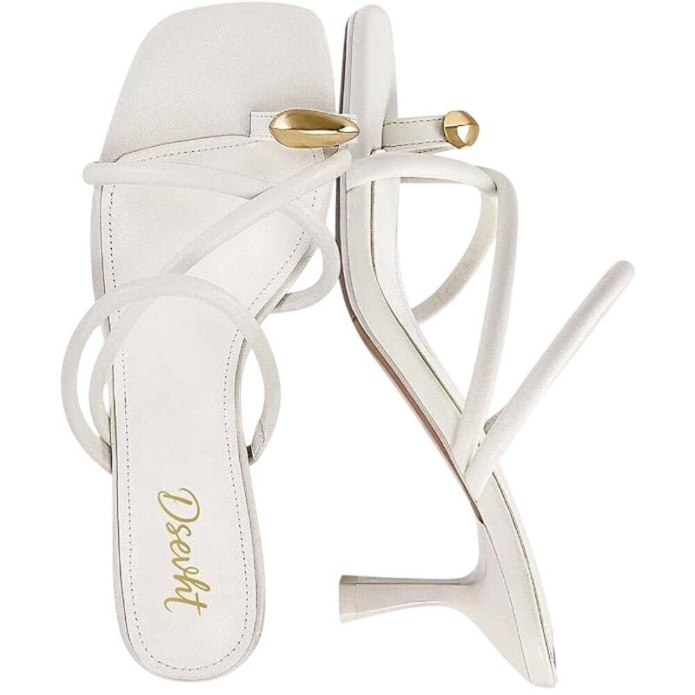 Dsevht Strappy Toe Ring Kitten Heel Sandals in White, Size 7